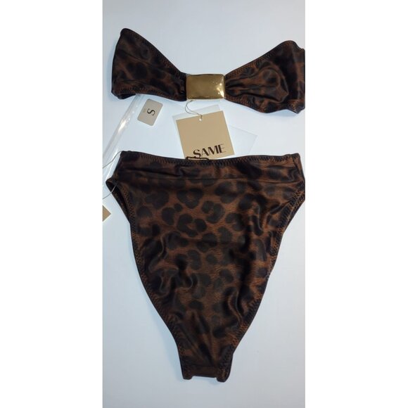 SAME LOS ANGELES BIKINY WOMENS Knotted Top /High Weist Bootom S 90's Brown Print - Picture 3 of 8